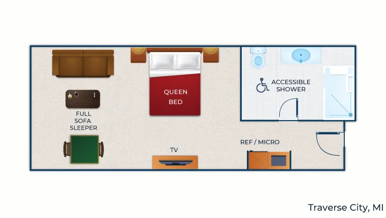 The floor plan for the accessible shower Queen Sofa Suite